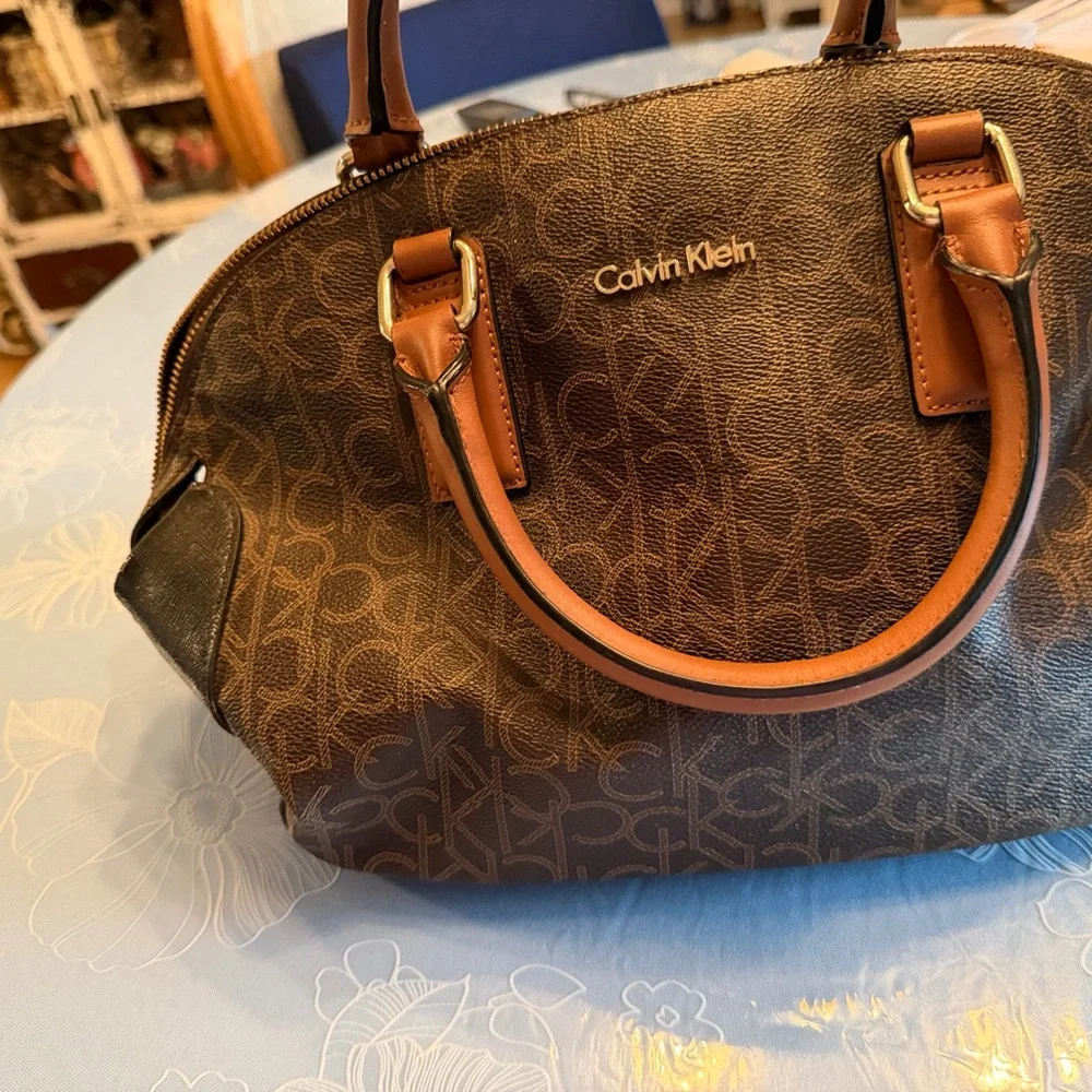 Calvin Klein Brown Monogram Satchel with Tan Handles